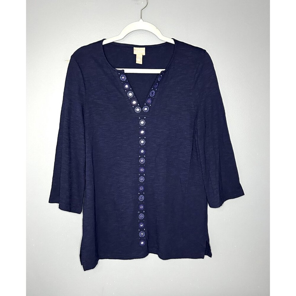 Chicos 0 Shirt Womens S Blue Embroidered Split Neck 3/4 Sleeve Boho Spring Tunic